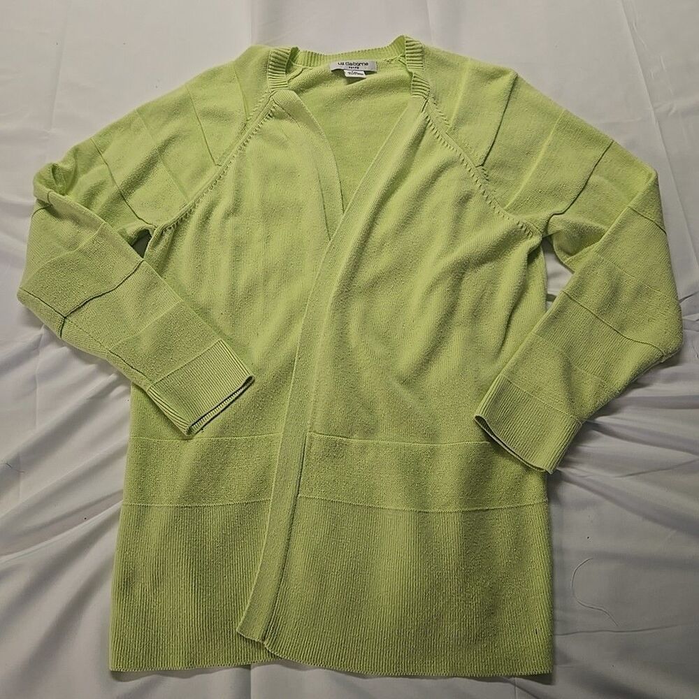 Liz Claiborne Cardigan Sweater Women PXL Lime Green Rib Knit Granny Cottage Core